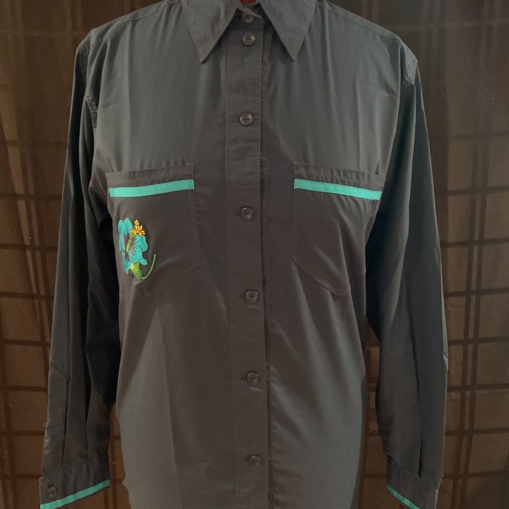 Navy menswear-inspired dress shirt with aqua floral applique & ribbons